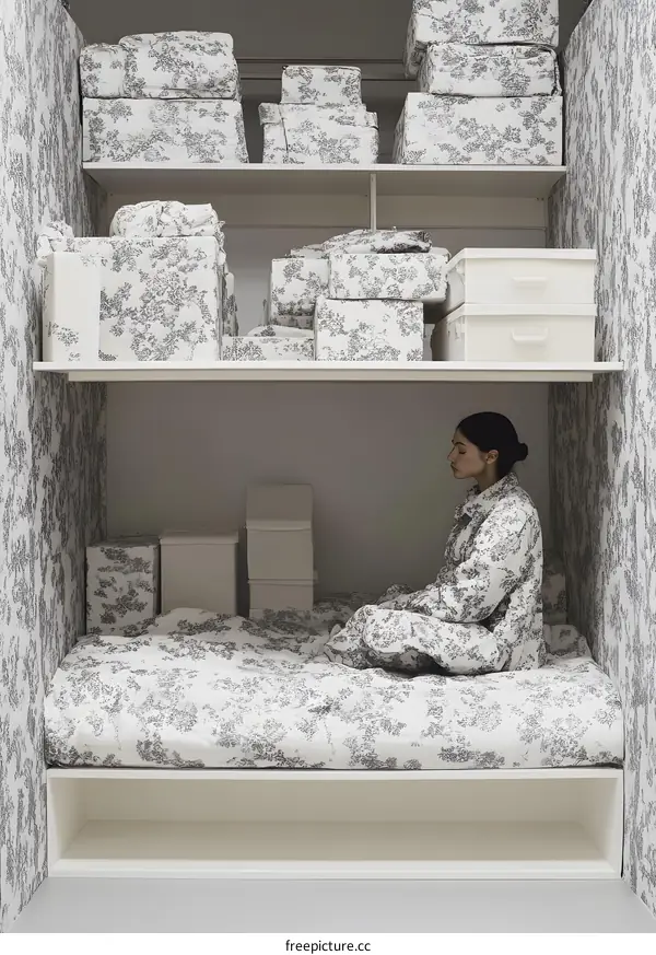 Woman Sitting on a Bed in a Small Room with Floral Patterned Bedding and Boxes