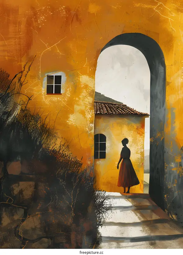 Woman in Silhouette Standing in Doorway of Old Building