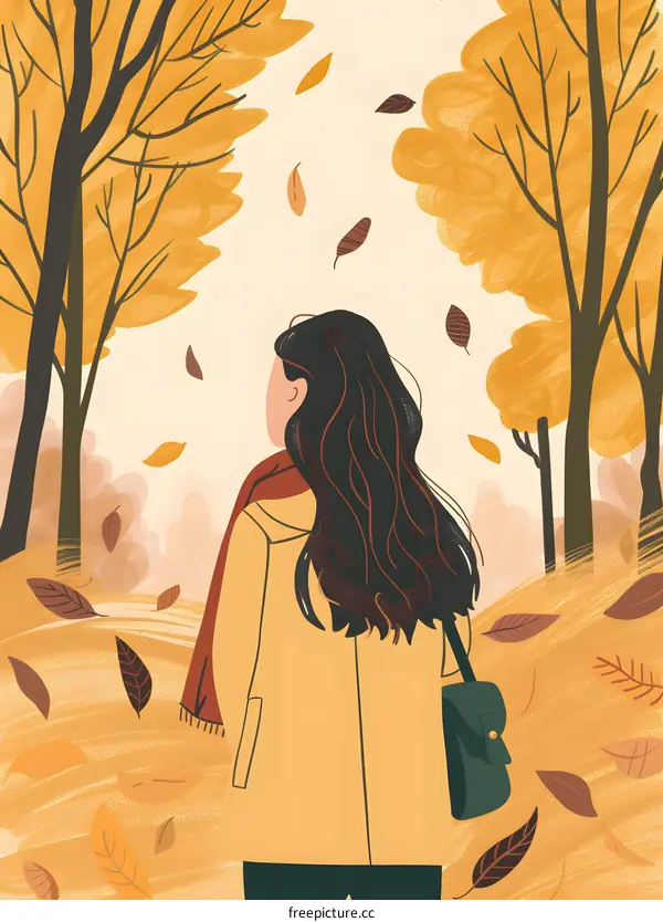 Autumn Leaves Falling Woman Walking Forest