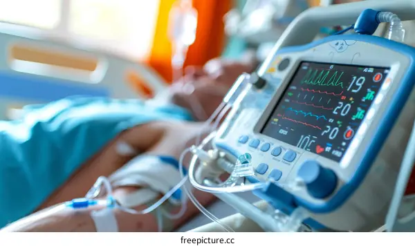 Patient in hospital bed with heart monitor