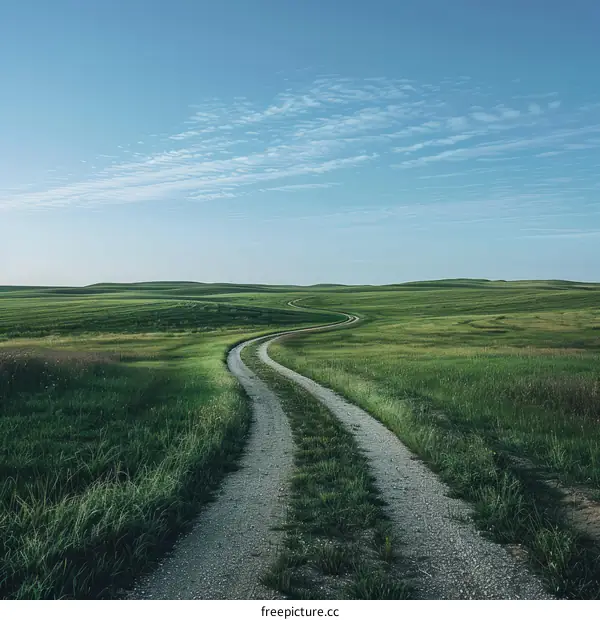 A dirt road curves through a lush green field