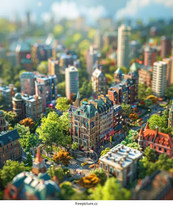 Miniature Cityscape with People and Buildings