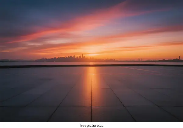 Beautiful sunrise over an empty tiled ground with city skyline in the distance