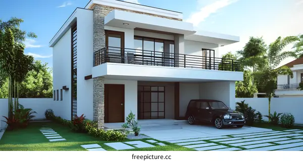 Modern Two Story House with Balcony and Yard