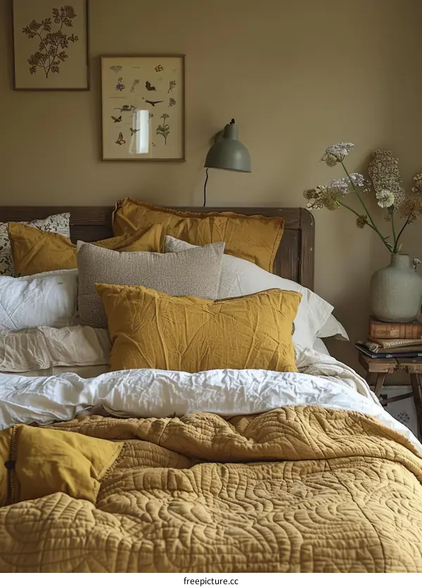 A Master Bedroom with a Mustard Yellow Duvet Cover and Lots of Pillows