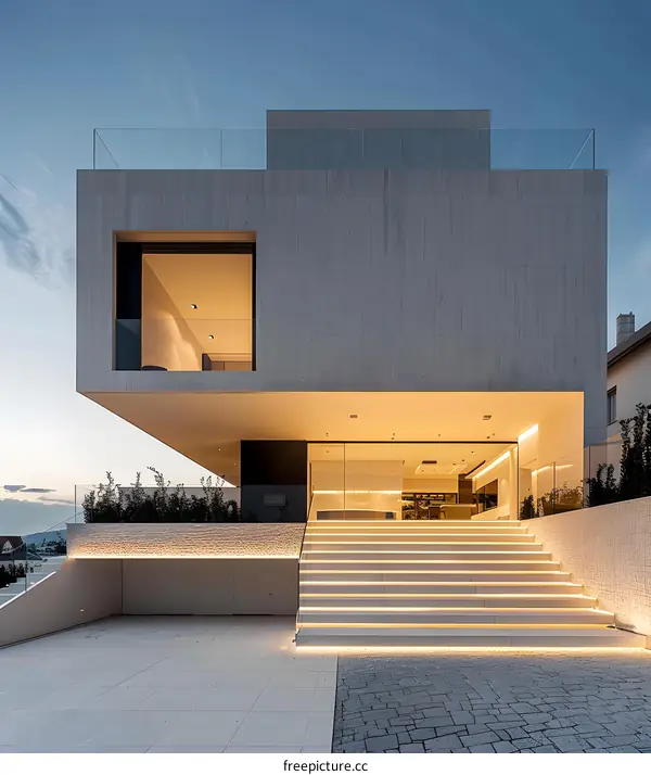 Modern Minimalist Home Exterior With Illuminated Steps