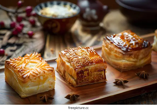 Delicious Pastry with Star Anise on Wooden Tray
