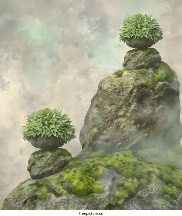 Green Plants on Stacked Rocks in Foggy Mountain Scene