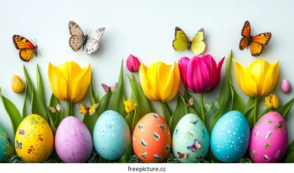 Colorful Easter Eggs and Tulips Arrangement