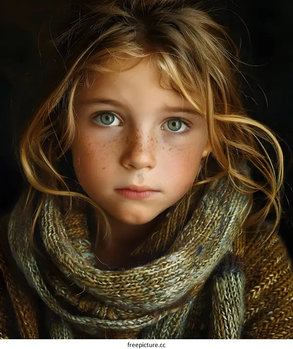 portrait of a young girl with freckles and green eyes