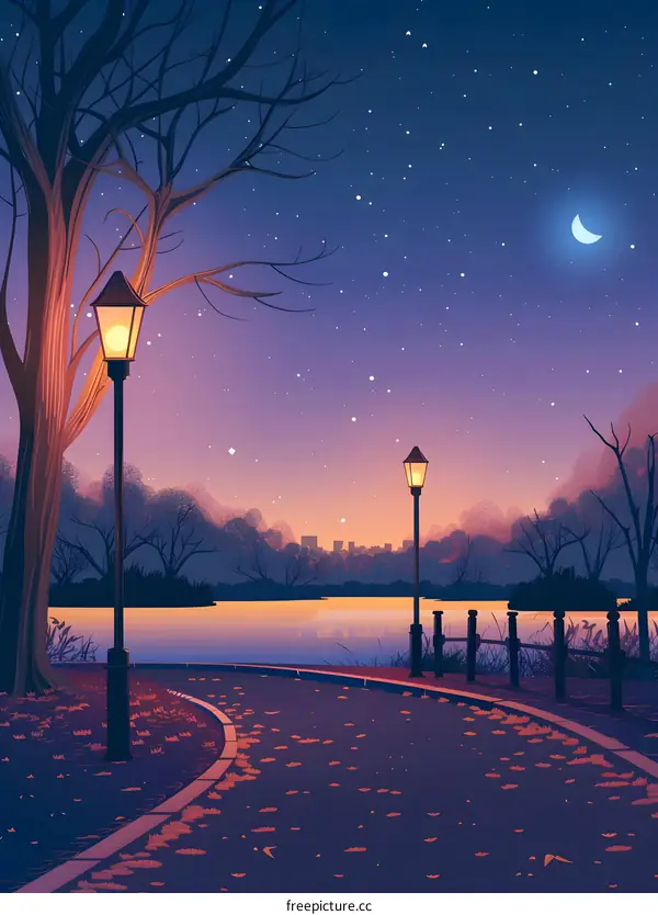 Nighttime Landscape with Lake and Stars