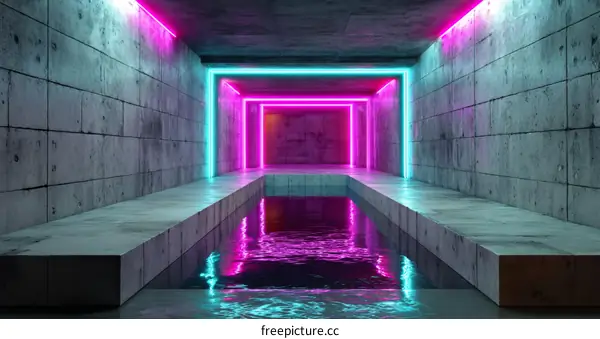 Neon Light Concrete Tunnel Interior