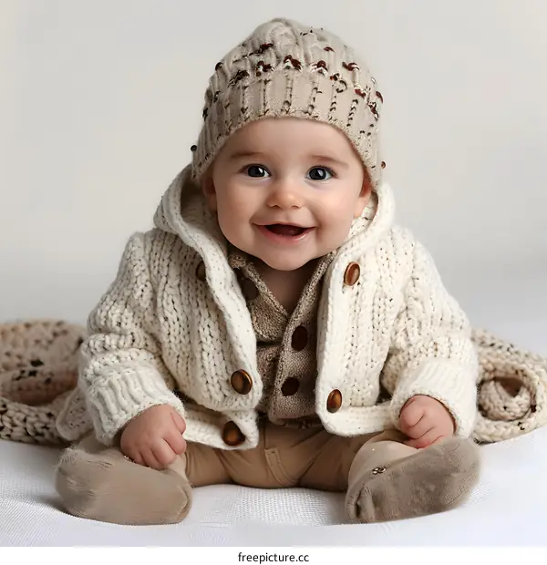 Smiling Baby Boy Wearing Knitted Hat and Sweater