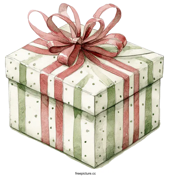 [Transparent Background PNG]Watercolor Gift Box with a Red Ribbon