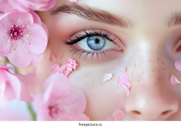 Close Up of Blue Eyes and Pink Flower Petals