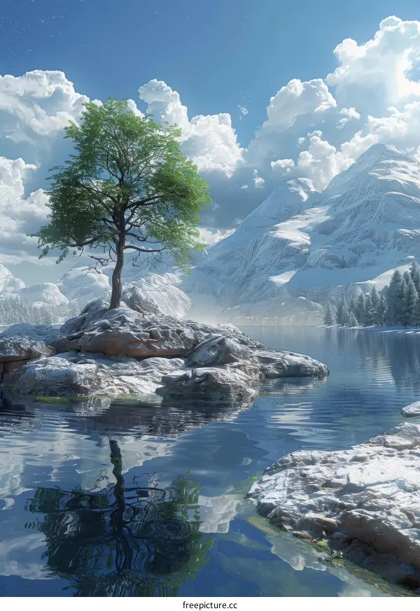 A Secluded Tree Stands in a Snowy Mountain Lake