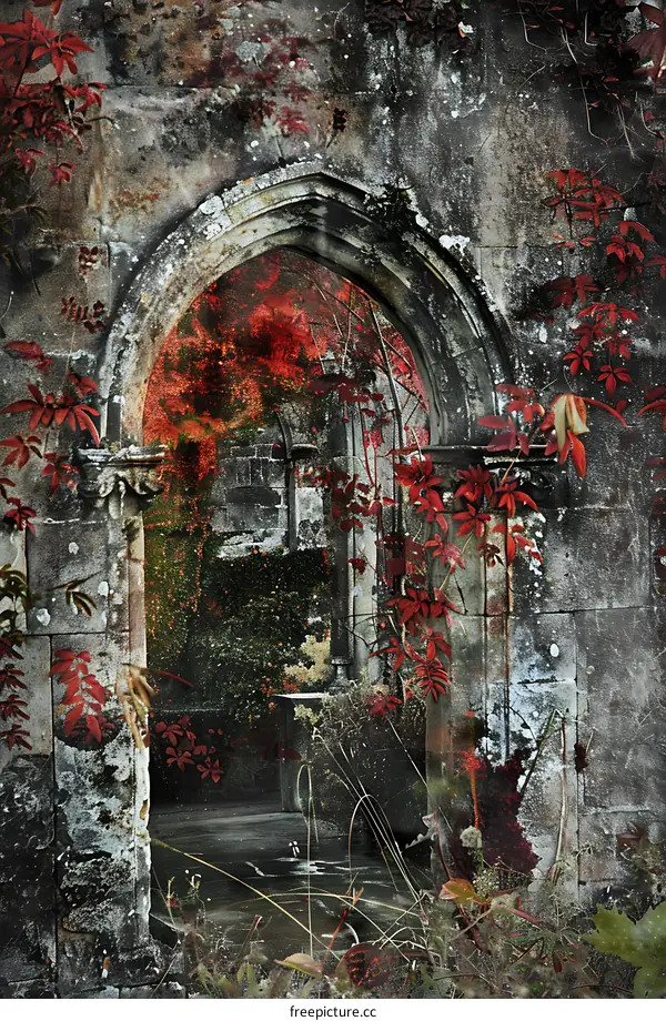 Stone Archway with Red Leaves