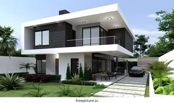Modern Home Design with Green Yard and Car