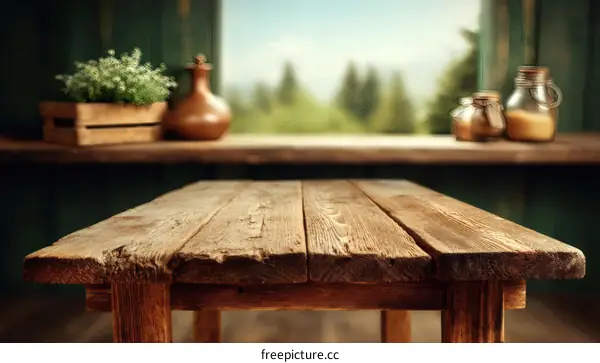 Rustic Wooden Table Top with Blurred Natural Background