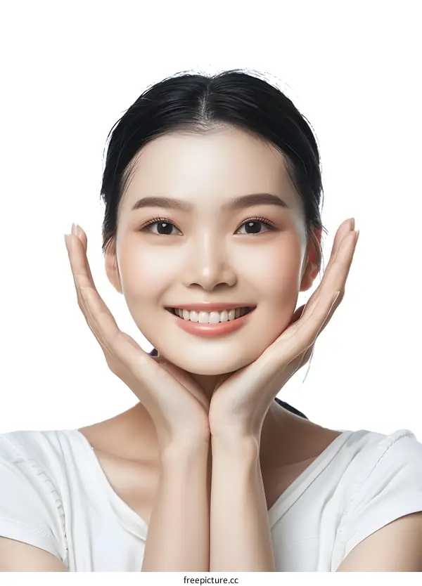 Beautiful Asian Woman with Bright Smile Posing with Hands on Chin
