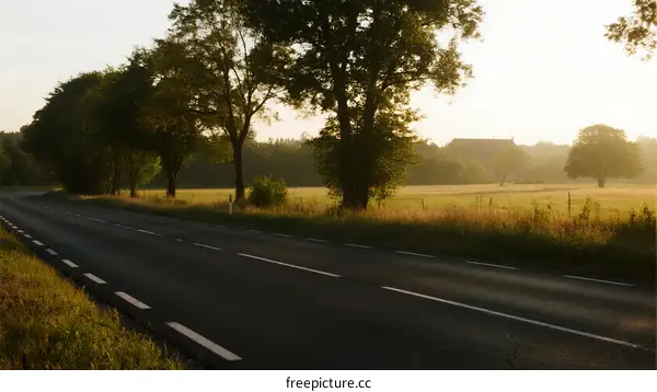 Sunlit road with trees and open field in the morning