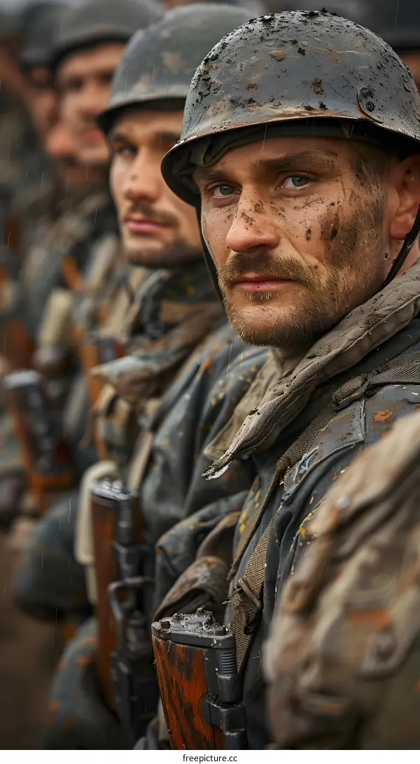 A soldier staring at the camera with a serious look on his face