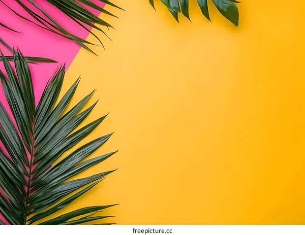 Yellow and Pink Background with Tropical Leaves