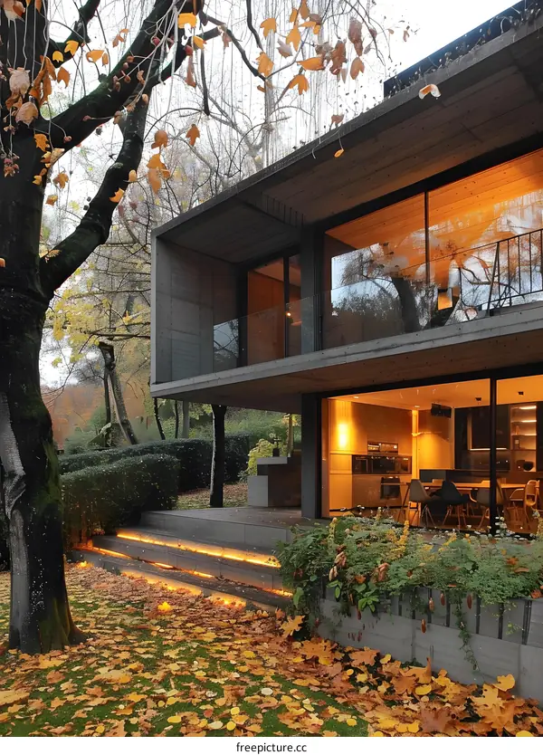 Modern Concrete House with Large Windows and Autumn Leaves