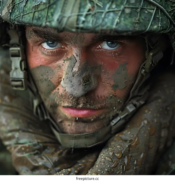 Portrait of a soldier with camouflage on his face