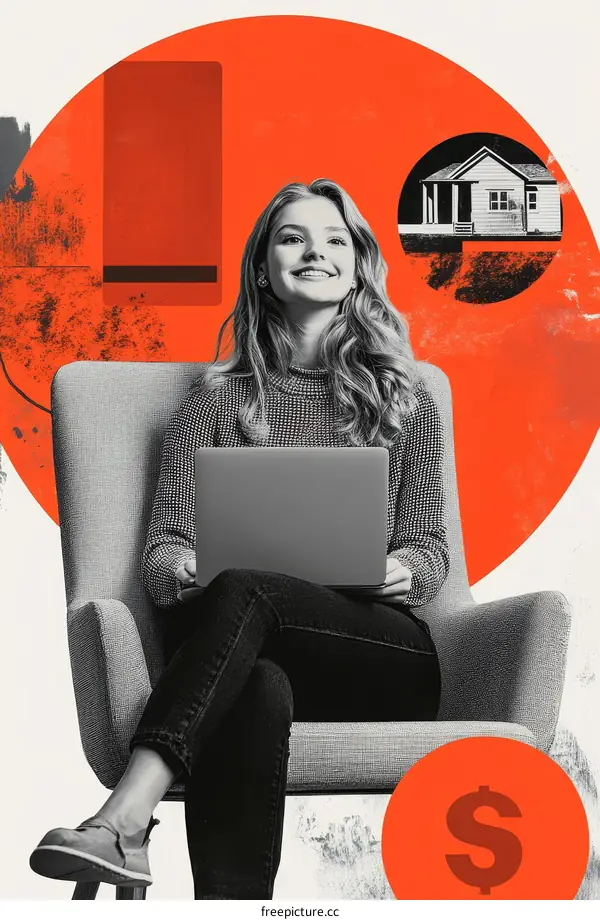 Modern woman working on laptop with financial and property goals