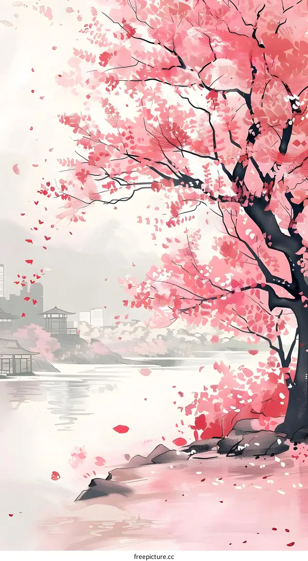 Beautiful Pink Cherry Blossom Tree Over Looking Water And City Skyline