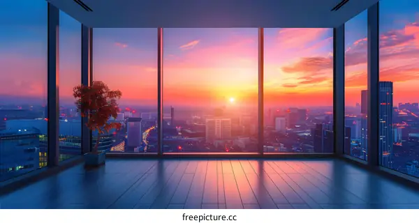 Cityscape at sunset from the panoramic window of an empty room