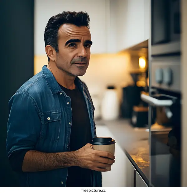 Man Holding Coffee Cup In Kitchen