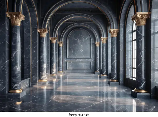 Luxury Marble Hallway with Golden Pillars