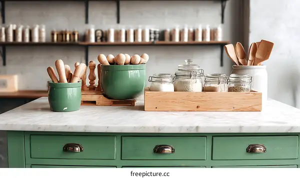 Kitchen Counter with Wooden Utensils and Jars