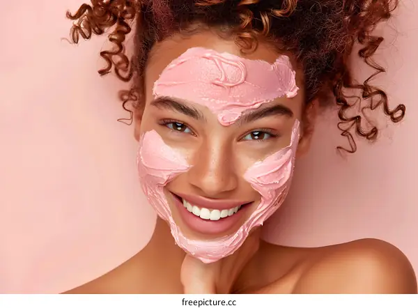 Woman With Pink Facial Mask Smiling