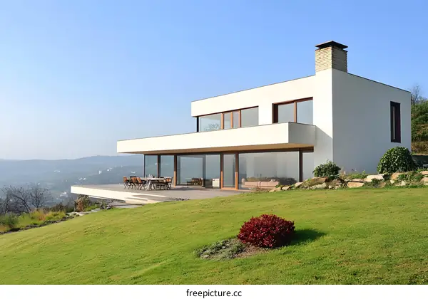 Modern White House with Large Windows and a View of the Landscape