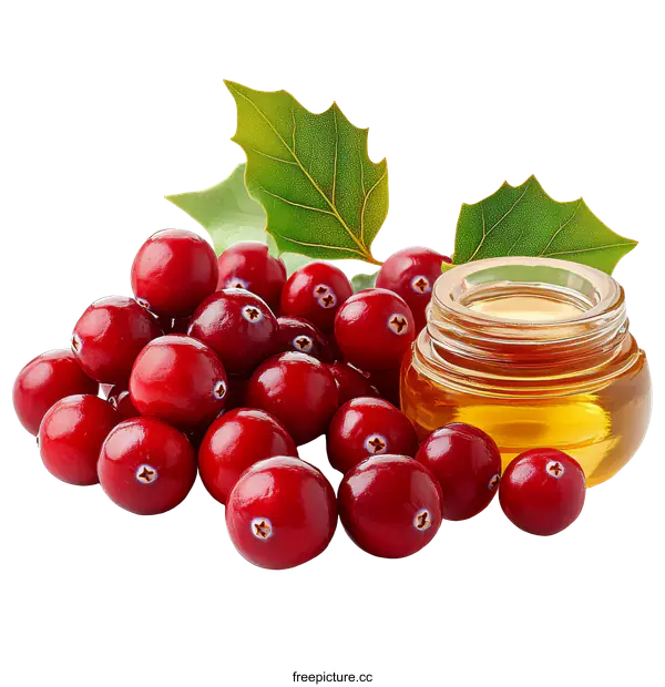 [Transparent Background PNG]Fresh Cranberries and Honey Oil  Perfect Still Life