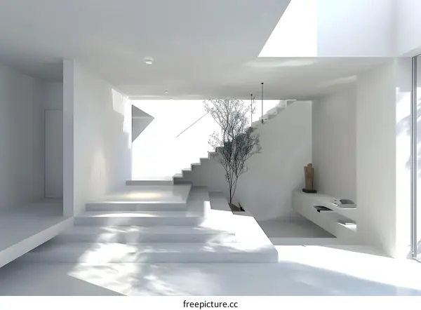 White Minimalist Interior Design with Staircase and Tree