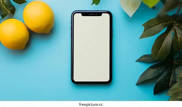 Mockup Phone with Lemons and Green Leaves