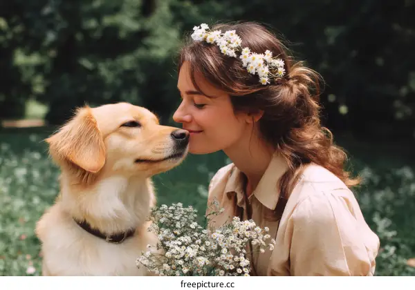 Woman and Dog in a Field of Flowers