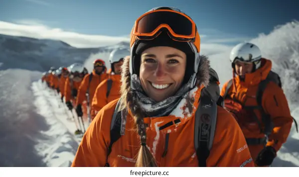 A group of skiers traverse a snowy mountainside