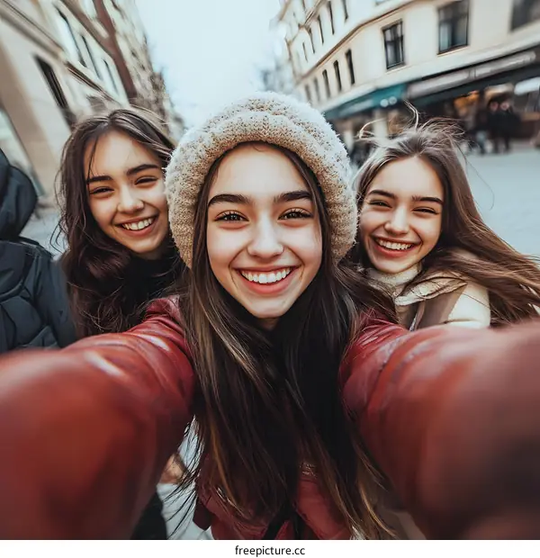 Smiling Friends Taking a Selfie In City