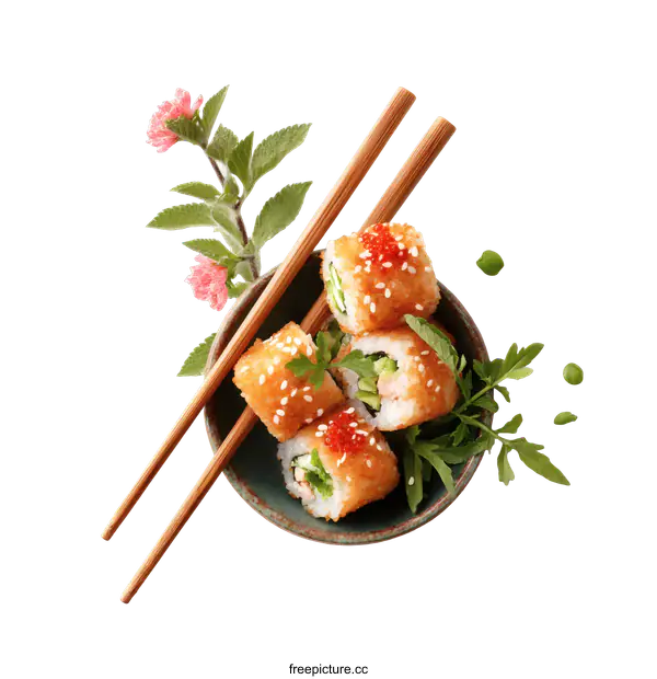 [Transparent Background PNG]Delicious Fried Sushi Rolls in a Bowl with Chopsticks