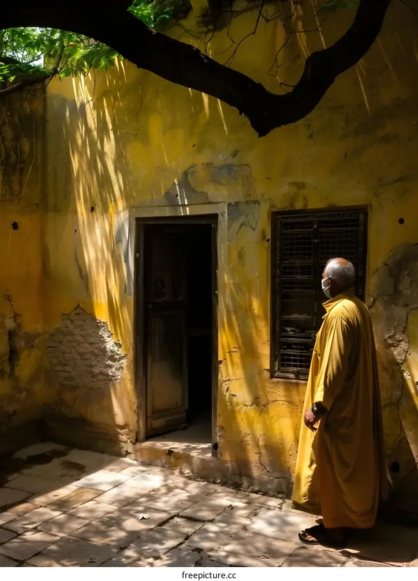 Man in Yellow Robe Standing in Front of a Yellow Wall