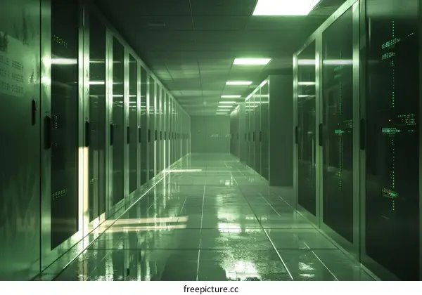 Green Server Room Data Center Hallway