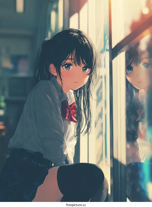 Anime Girl by the Window Reflection