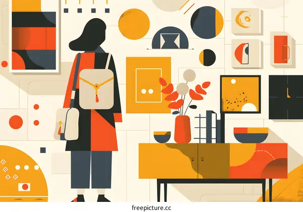 Woman with Backpack Looking at Art in a Modern Home