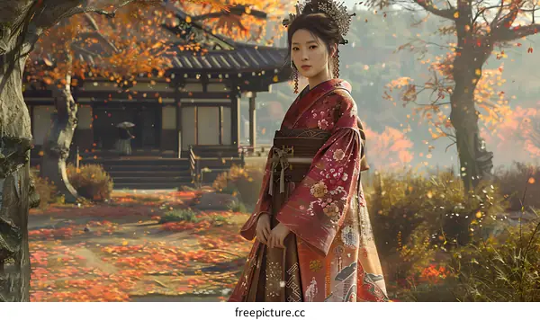 Japanese Woman in Traditional Kimono During Autumn Season