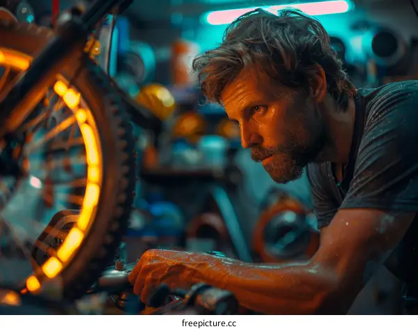 A sweaty man works on a bicycle in a garage.